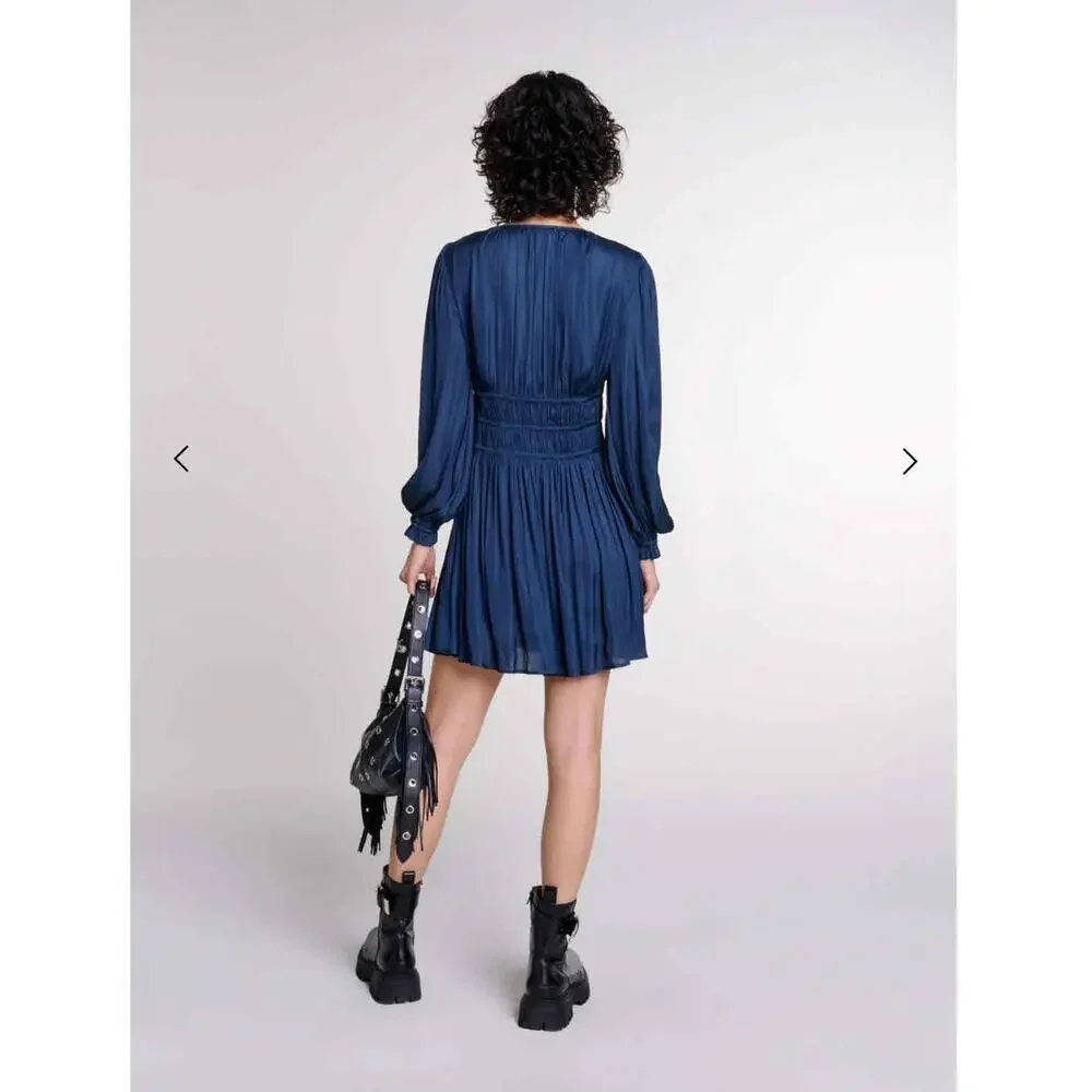 Maje Rianne Navy Satin Mini Dress Ruffled V Neck Long Sleeve Size 36 US 4 - Picture 3 of 9